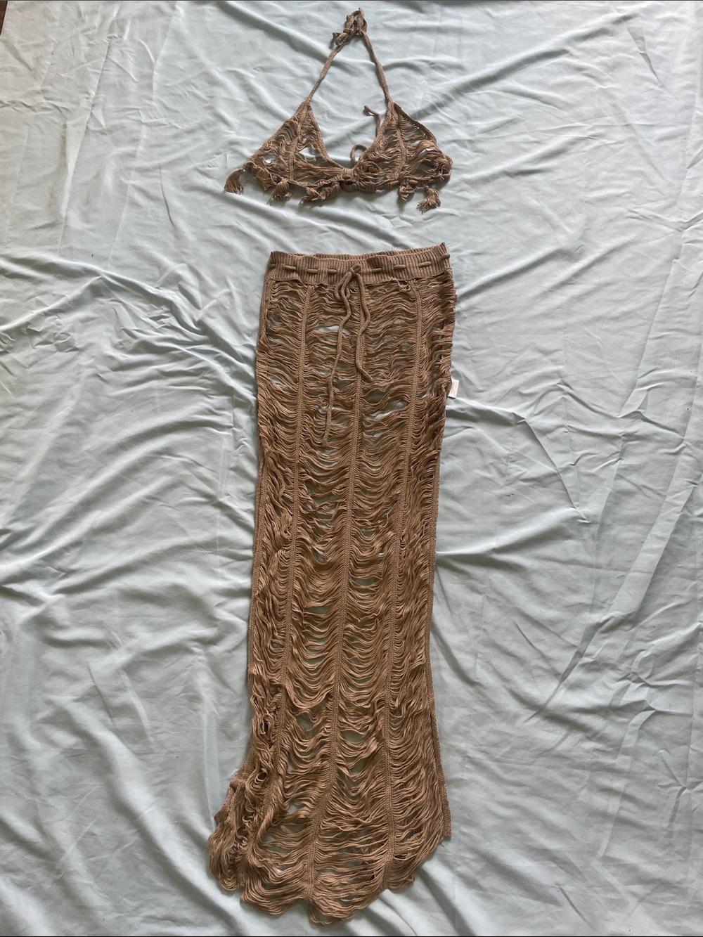 Brown Crochet Maxi Beach Cover-Up Skirt and Halter Set